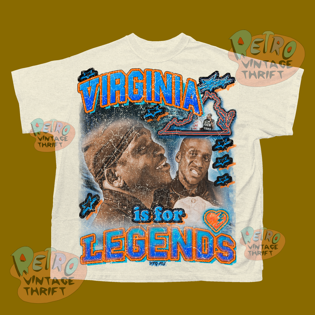 Clipse graphic tee Virginia Legends with vintage style print of two men and Virginia map in blue and orange
