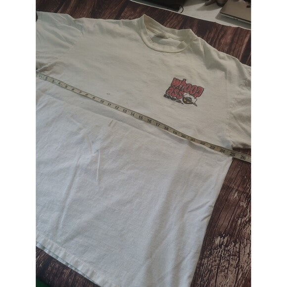Vintage Open A Can of Whoop Inc humor shirt in white with small graphic on chest and measuring tape