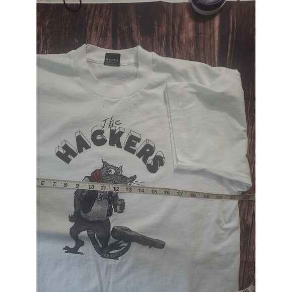 Vintage The Hackers single stitch Screen Stars band tee in white with cartoon graphic and measuring tape
