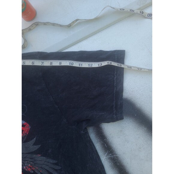 Black Vintage Y2K Affliction T-Shirt sleeve with measuring tape from RetroVintage Thrift