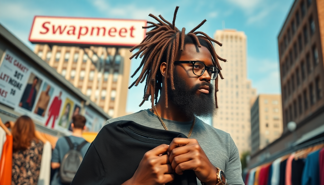 Trendy college kids shopping racks at a vintage market. A sign that says Swapmeet in the sky by a tall building.  An African American man with long dreadlocks in a messy bun, Thick beard and glasses holds a black shirt. 