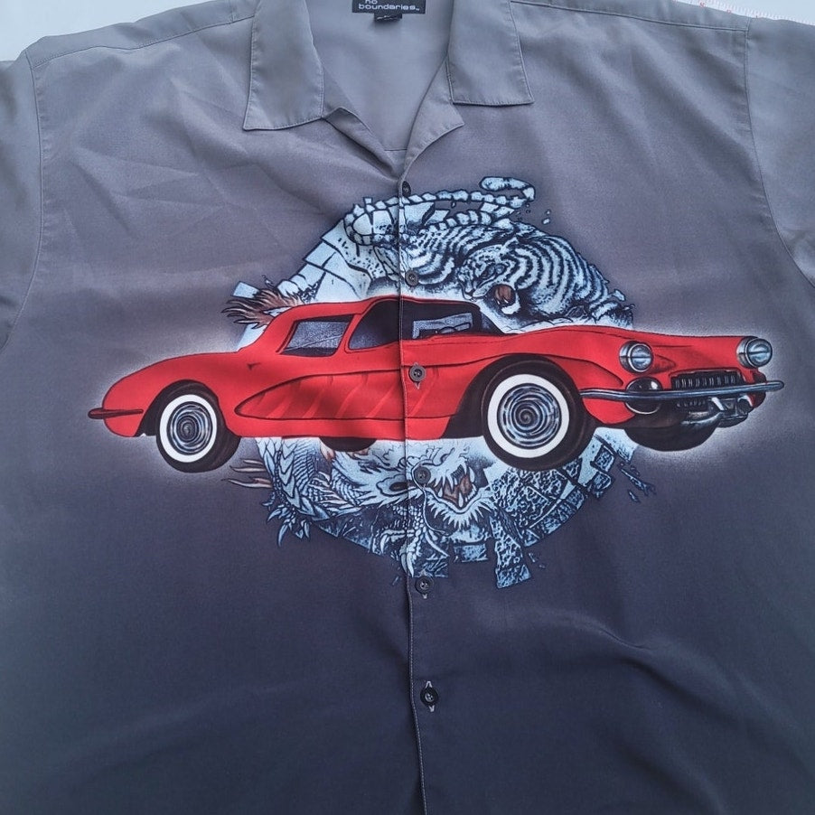 Vintage Y2k No Boundaries Gradient Flames Tiger Button Shirt
