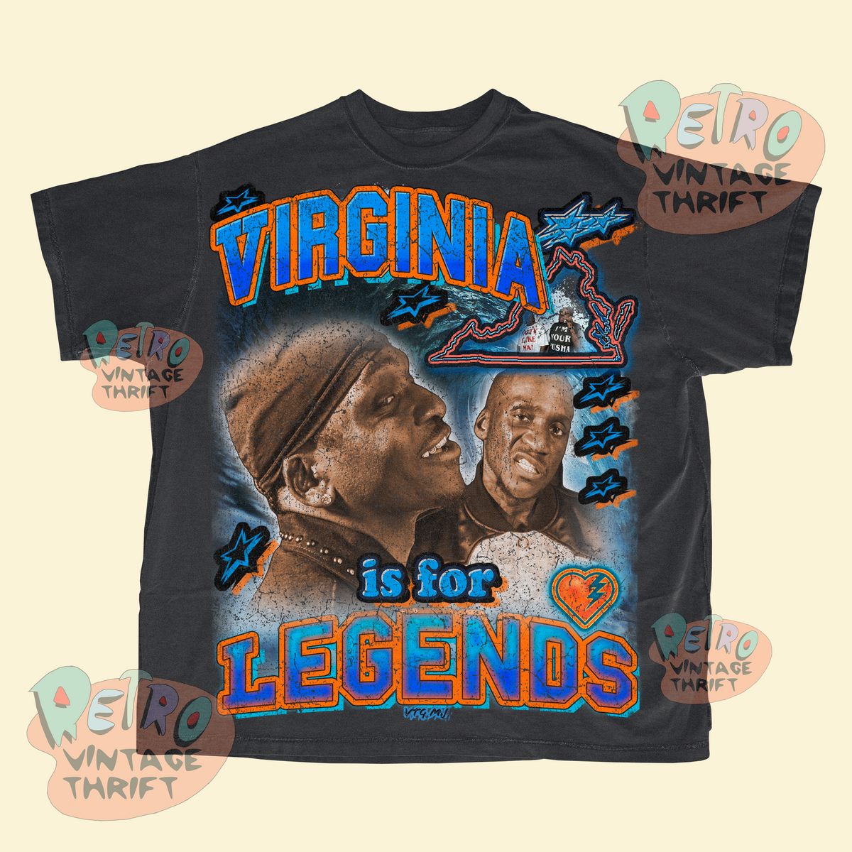 Clipse graphic tee Virginia Legends with retro style blue and orange text and images on black shirt