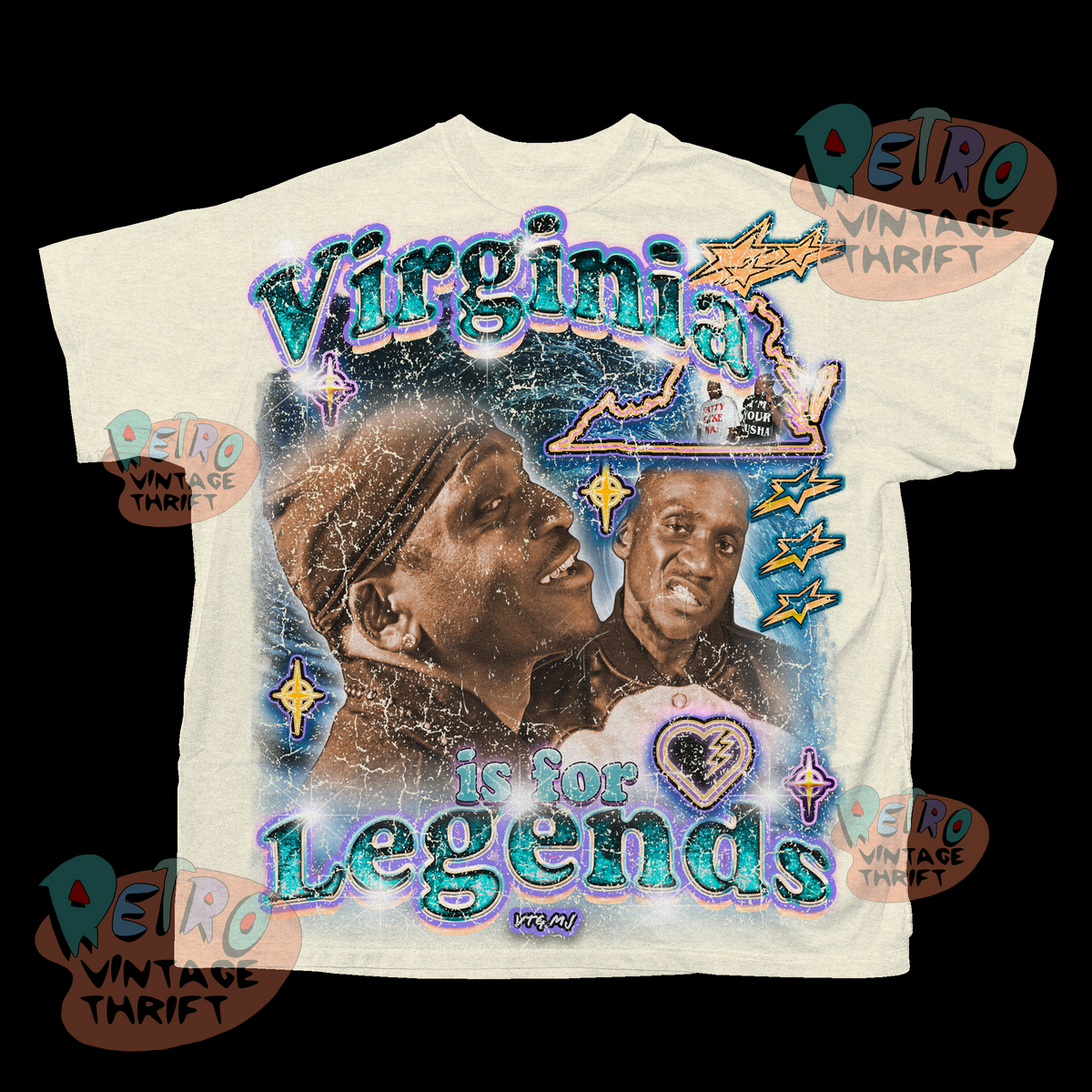 Clipse Virginia Is For Legends tee shirt with vibrant graphic of two men and state outline