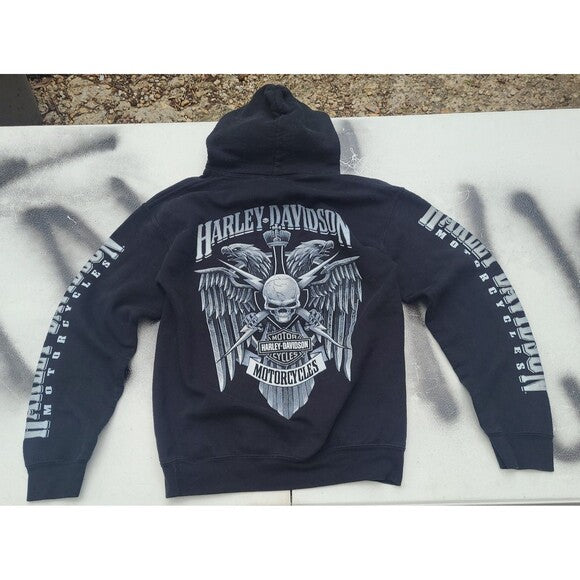 Black Harley Davidson hoodie with skull and wing graphic on back and logo text on sleeves