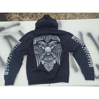 Black Harley Davidson hoodie with skull and wing graphic on back and logo text on sleeves