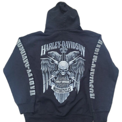 Black Harley Davidson hoodie with skull, wings, and sword graphic on back and logo text on sleeves