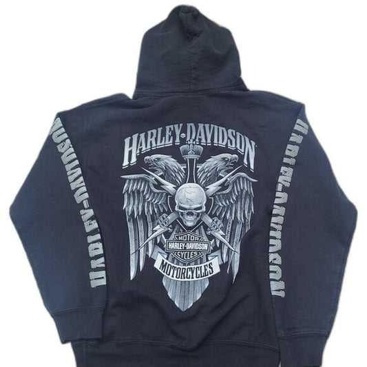 Black Harley Davidson hoodie with skull, wings, and sword graphic on back and logo text on sleeves