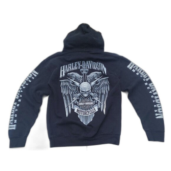 RetroVintage Thrift black Harley Davidson hoodie with skull and wings graphic and logo print on sleeves