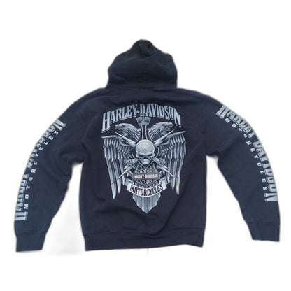 RetroVintage Thrift black Harley Davidson hoodie with skull and wings graphic and logo print on sleeves