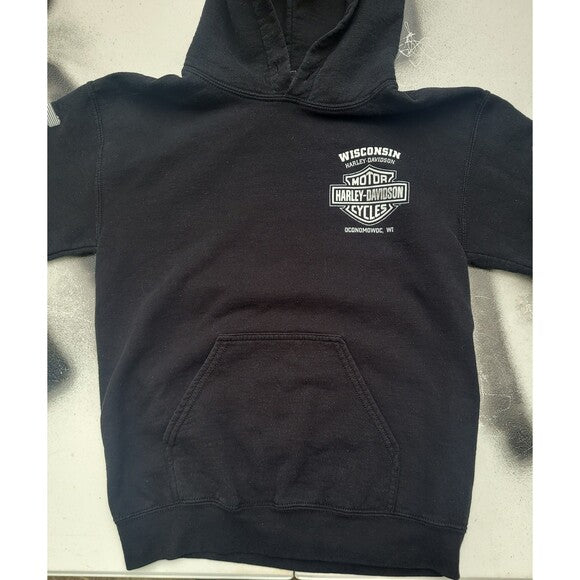 Black Harley Davidson hoodie with Wisconsin logo and front pocket from RetroVintage Thrift