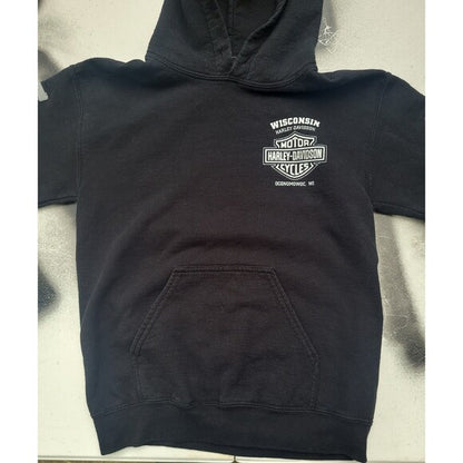 Black Harley Davidson hoodie with Wisconsin logo and front pocket from RetroVintage Thrift