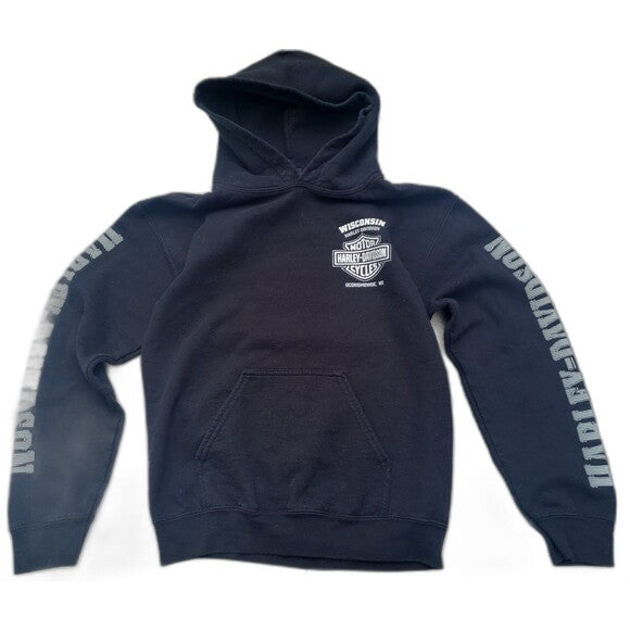Black Harley Davidson hoodie with Wisconsin logo on chest and branded text on sleeves