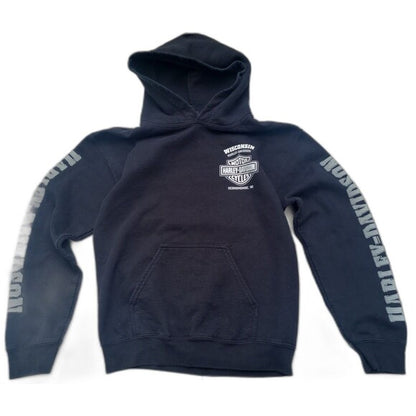 Black Harley Davidson hoodie with Wisconsin logo on chest and branded text on sleeves