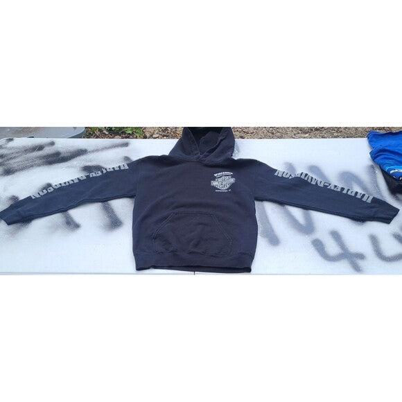 Black Harley Davidson hoodie with logo on chest and text on sleeves laid flat on surface