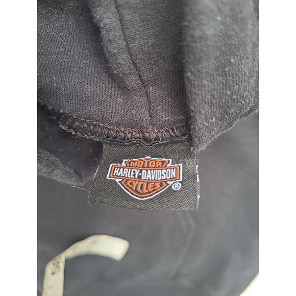 Close-up of Harley Davidson hoodie label showing the classic Harley-Davidson Motor Cycles logo