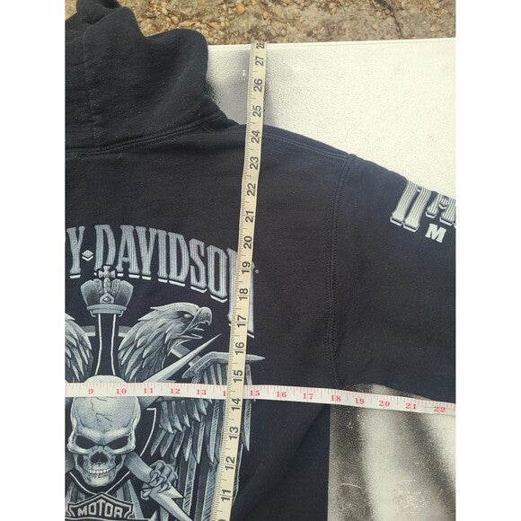 Black Harley Davidson hoodie with skull and eagle graphic and tape measures showing dimensions