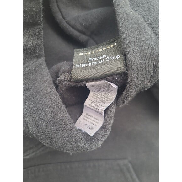 Close-up of black Harley Davidson hoodie label by Bravado International Group showing fabric details