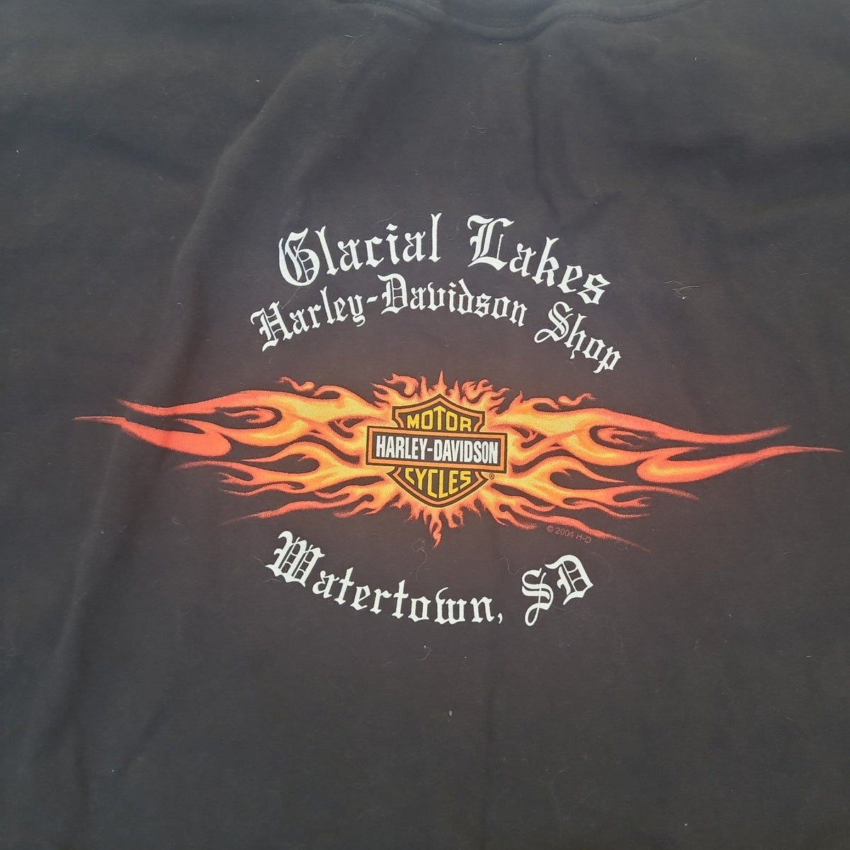 Black vintage Harley Davidson shirt with Glacial Lakes Harley-Davidson Shop logo and fiery design