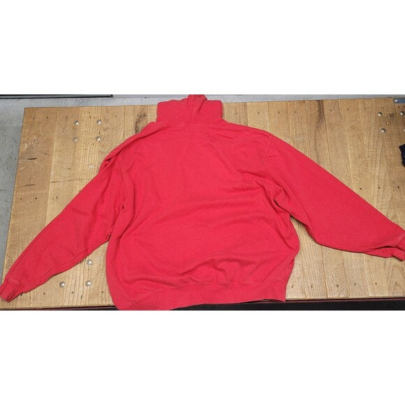 Red RetroVintage Thrift center swoosh Nike Bulldogs hoodie laid flat on wooden surface showing back view