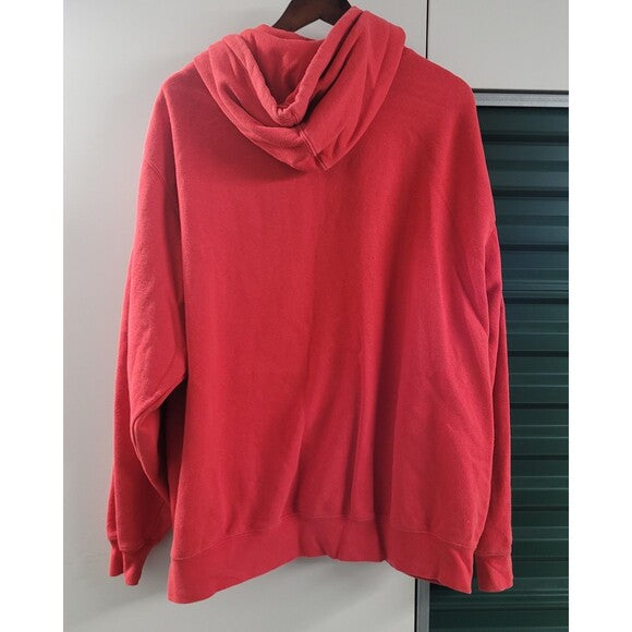Back view of red RetroVintage Thrift center swoosh Nike Bulldogs hoodie hanging on hanger