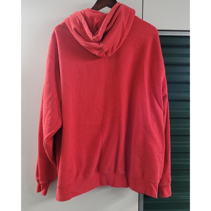 Back view of red RetroVintage Thrift center swoosh Nike Bulldogs hoodie hanging on hanger
