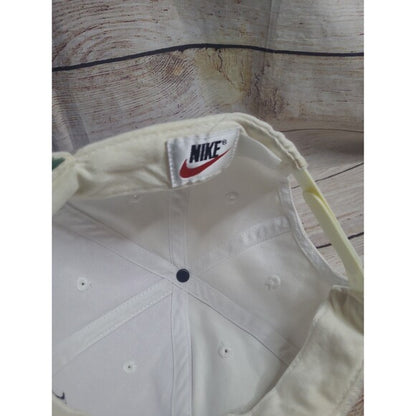 Inside view of white tag Nike cap 90s showing vintage Nike label and sewn details