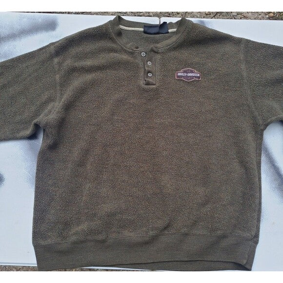 Vtg Harley Davidson Henley  Sweatshirt Olive Green