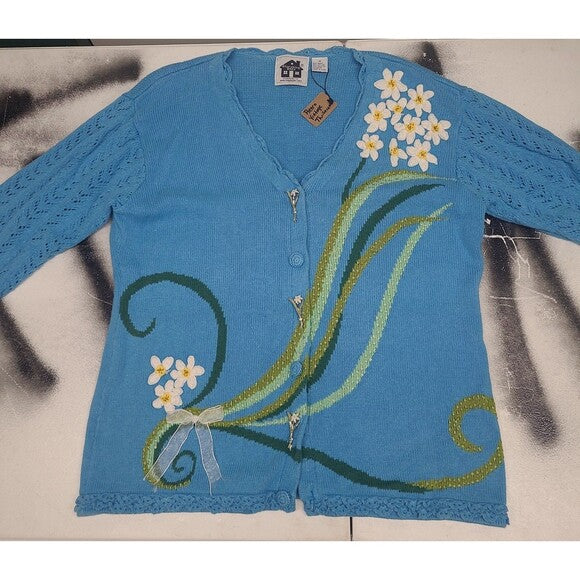 Vtg Storybook Knits Floral Cardigan Sweater
