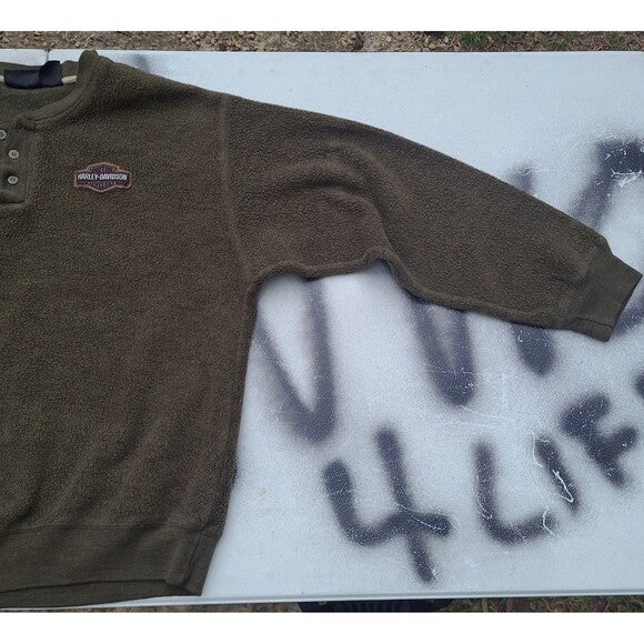 Vtg Harley Davidson Henley  Sweatshirt Olive Green