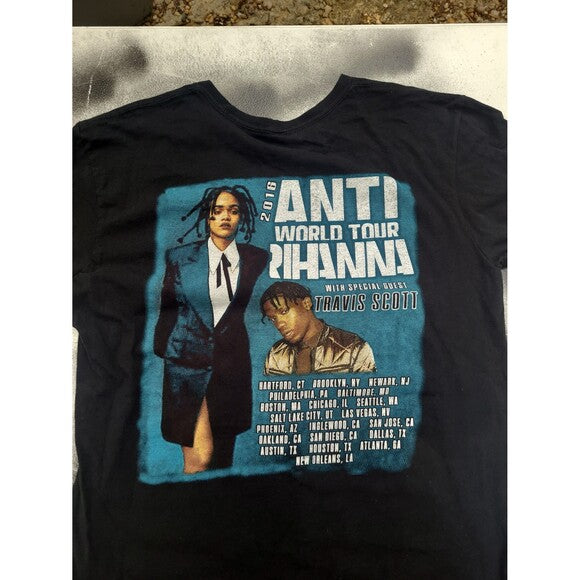 Black Rihanna Travis Scott Anti tour 2016 t-shirt with blue graphic and tour dates