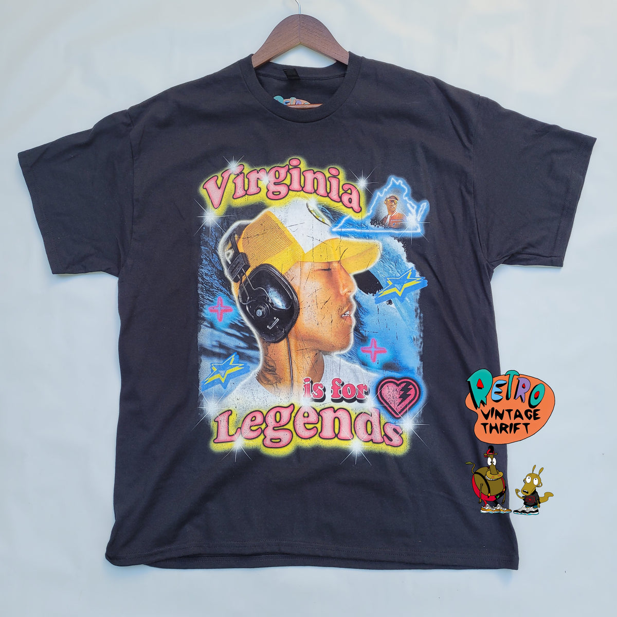 Black Virginia Is for Legends Y2k P tee with colorful retro design and a profile illustration of a person wearing headphones and a yellow cap