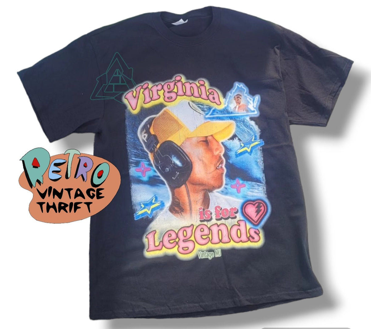 Black Vintage Virginia Is for Legends Y2k P tee with colorful retro graphic design vintage mj featuring pharrell