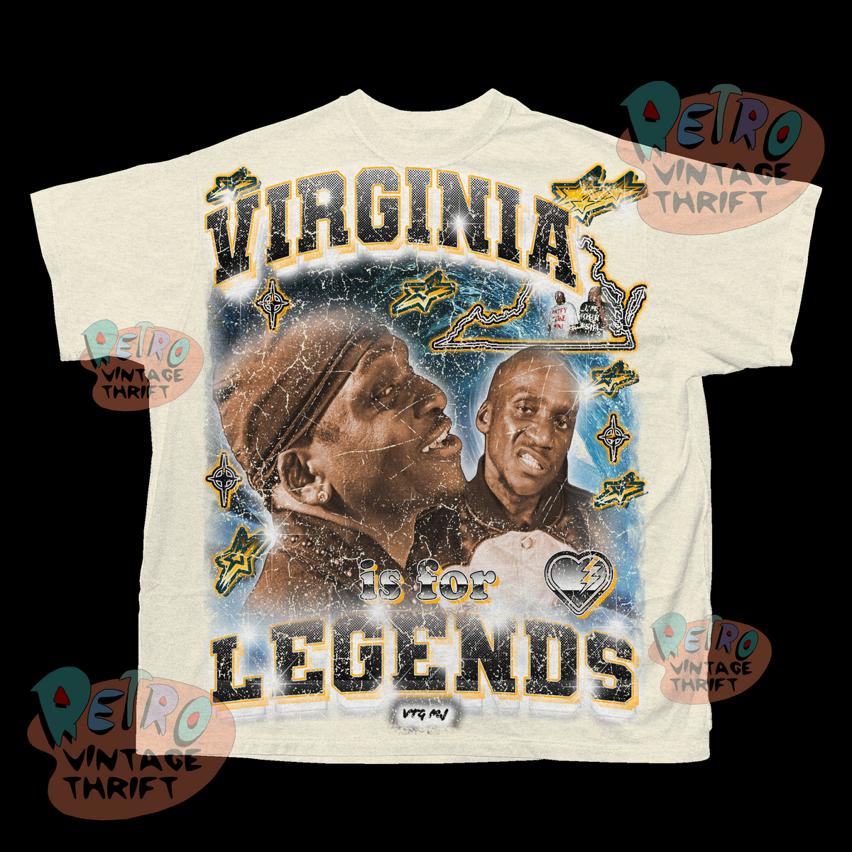 Virginia Is For Legends Clipse T-Shirt with vintage design featuring rapper images and bold text