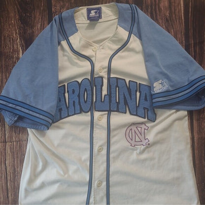 Vintage Starter Carolina Tarheels Baseball Jersey with light blue sleeves and white body