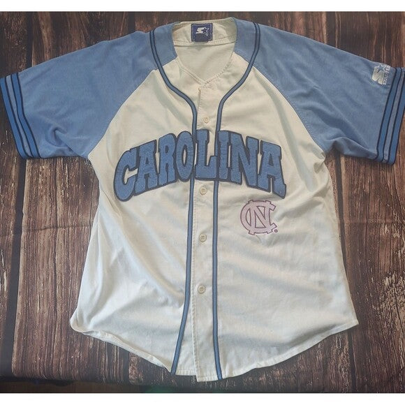 Vintage Starter Carolina Tarheels Baseball Jersey with Carolina lettering and NC logo in blue and white