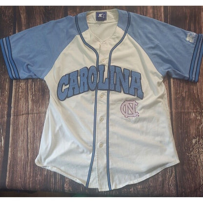Vintage Starter Carolina Tarheels Baseball Jersey with Carolina lettering and NC logo in blue and white