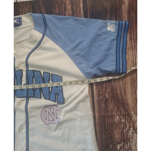 vintage Starter Carolina Tarheels Baseball Jersey in white and light blue with team logo and sleeve branding