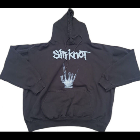 Black Y2K Slipknot Graphic Hoodie with white band logo and skeletal hand print