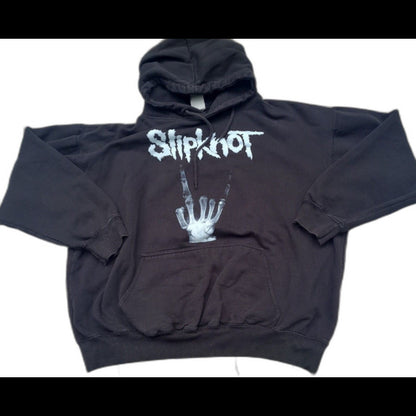 Black Y2K Slipknot Graphic Hoodie with skull hand design and front pocket from RetroVintage Thrift
