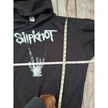 Y2K Slipknot Graphic Hoodie in black with band logo and hand sign graphic measuring width and length