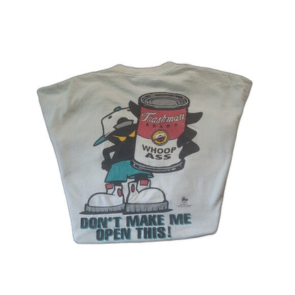 Vintage Open A Can of Whoop Inc humor shirt with cartoon character holding a can and bold text