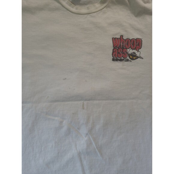 Vintage Open A Can of Whoop Inc humor shirt with small logo text on white fabric by RetroVintage Thrift