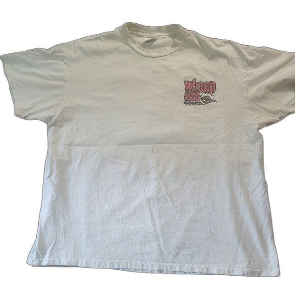 Vintage Open A Can of Whoop Inc humor shirt in white with printed logo on chest from RetroVintage Thrift