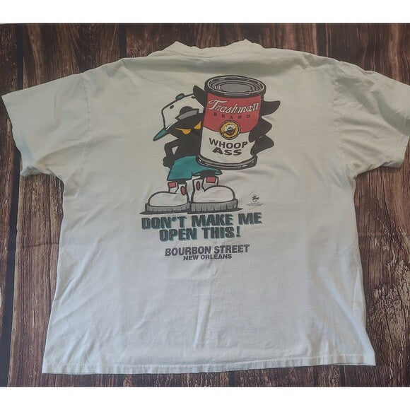 Vintage Open A Can of Whoop Inc humor shirt featuring cartoon character holding a whoop ass can