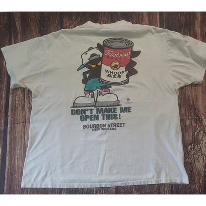 Vintage Open A Can of Whoop Inc humor shirt featuring cartoon character holding a whoop ass can