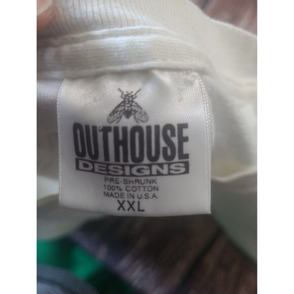 Vintage Open A Can of Whoop Inc humor shirt tag showing Outhouse Designs brand size XXL made in USA