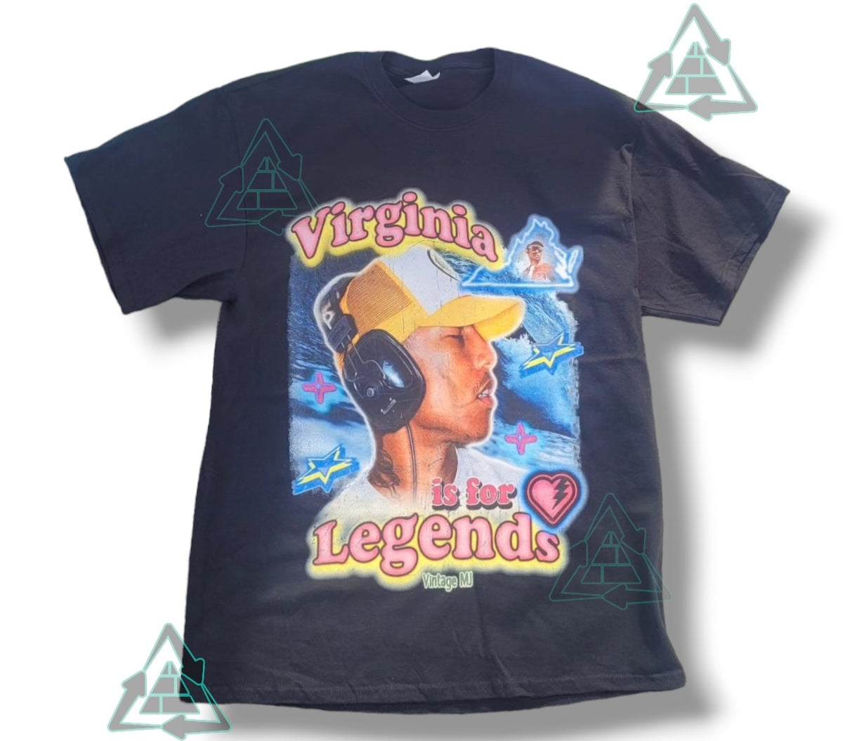 Black Virginia is for Legends Y2k tee with colorful graphic of person wearing headphones and yellow cap Vintage MJ 