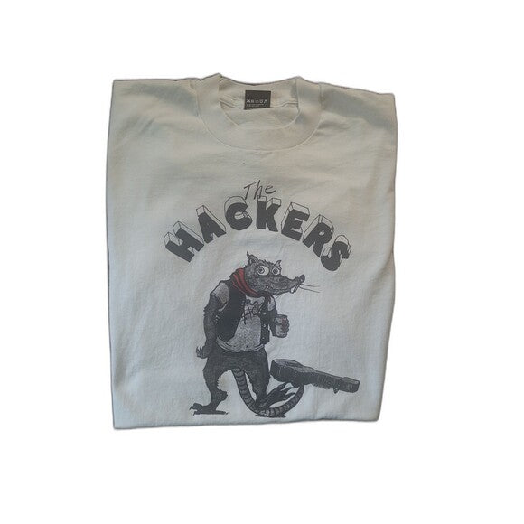 Vintage The Hackers single stitch Screen Stars band tee featuring cartoon rat graphic in black on white