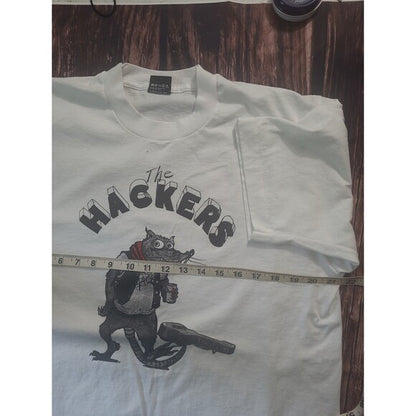 Vintage The Hackers single stitch Screen Stars band tee in white with cartoon graphic and measuring tape
